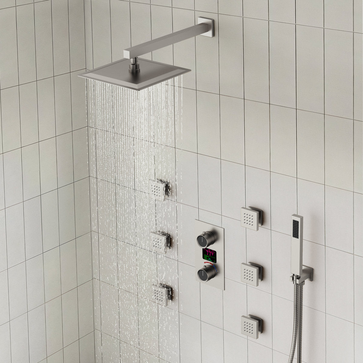 Wall Mounted Digital Shower System , 12" High Pressure Rainfall Shower Head with Handheld Shower SFS-1014-NK12 - Brushed Nickel