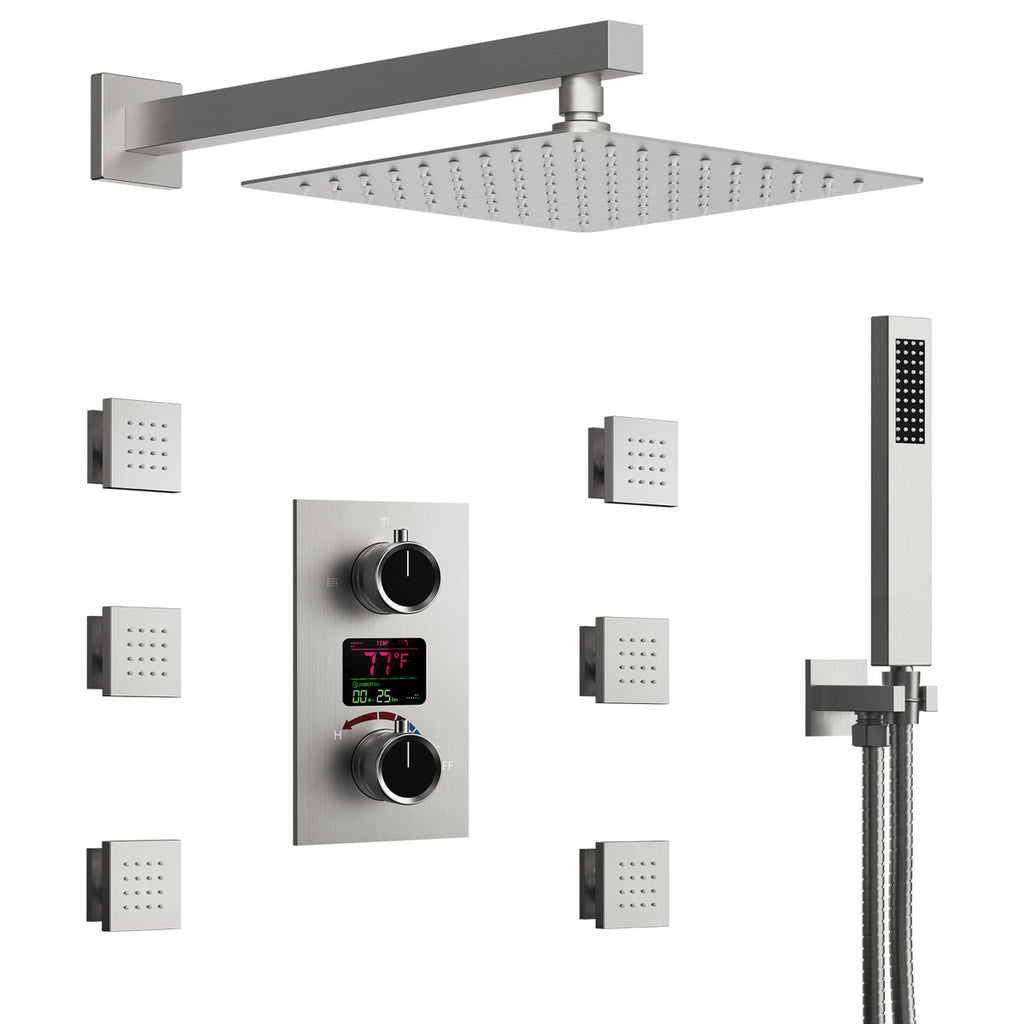 Wall Mounted Digital Shower System , 12" High Pressure Rainfall Shower Head with Handheld Shower SFS-1014-NK12 - Brushed Nickel