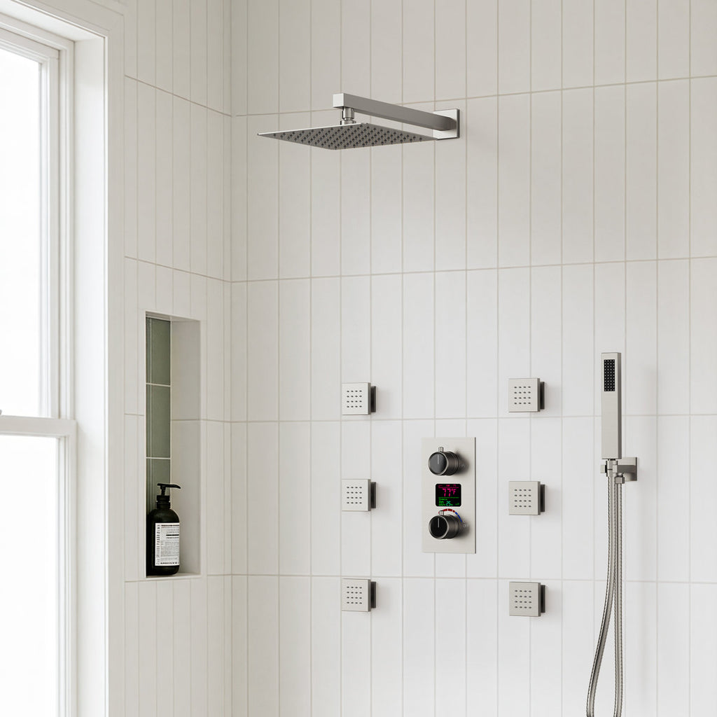Wall Mounted Digital Shower System , 12" High Pressure Rainfall Shower Head with Handheld Shower SFS-1014-NK12 - Brushed Nickel