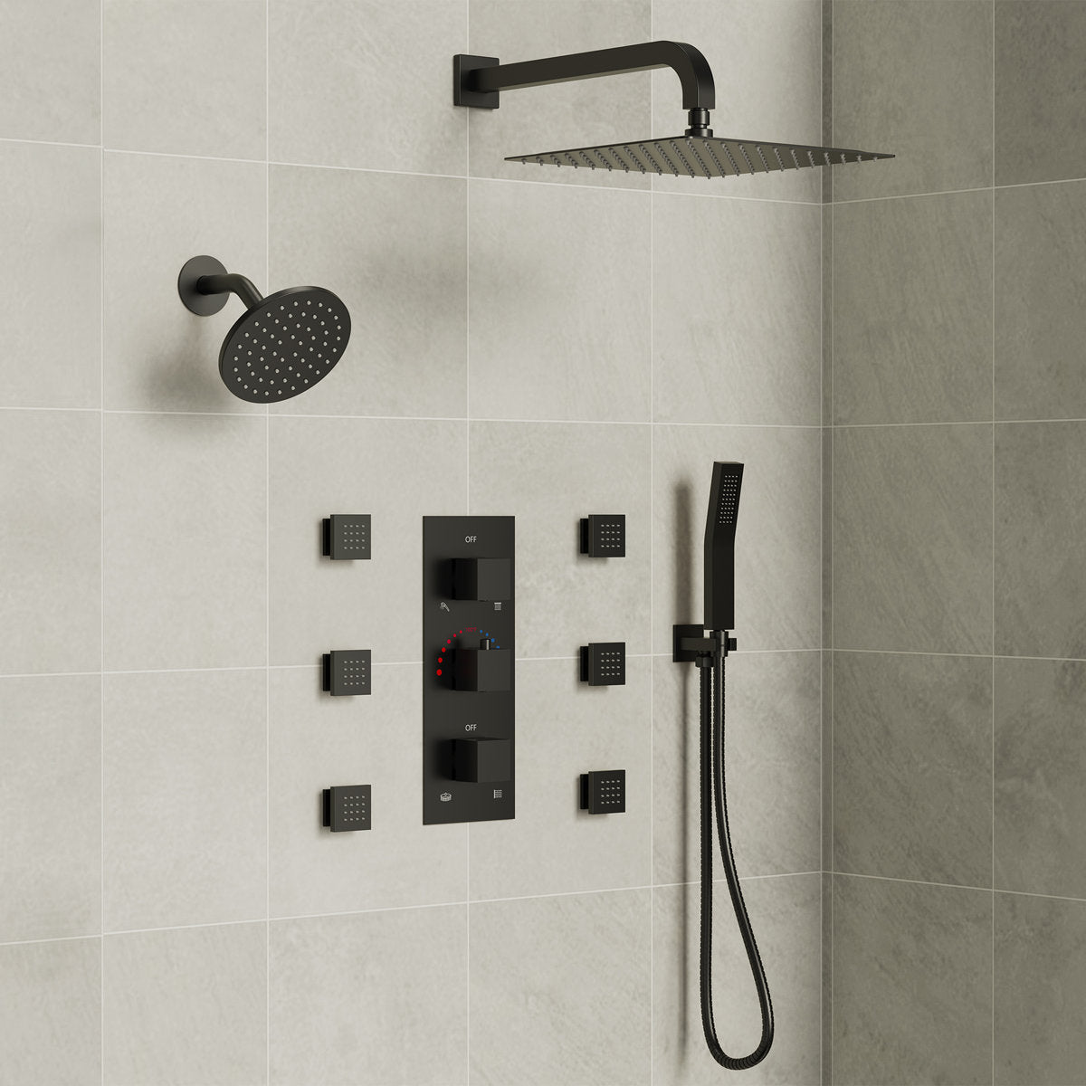 Thermostatic Dual Showerheads System, Wall Mount 12" High-Pressure Rainfall Shower Faucet with Handheld Spray and Body Jet SFS-1017-BK12 - Matte Black