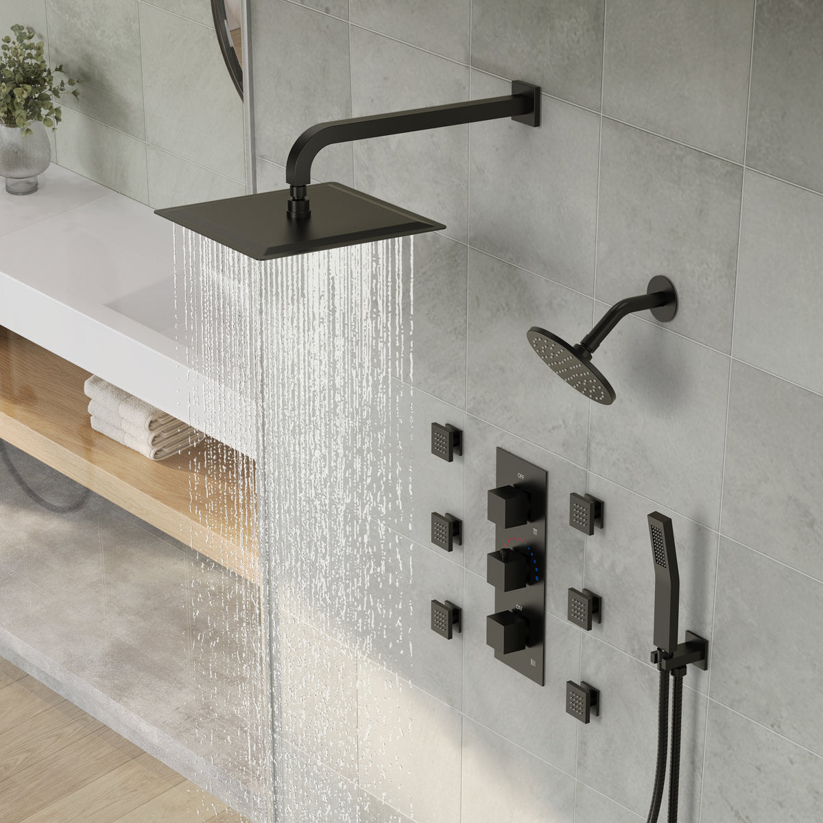 Thermostatic Dual Showerheads System, Wall Mount 12" High-Pressure Rainfall Shower Faucet with Handheld Spray and Body Jet SFS-1017-BK12 - Matte Black