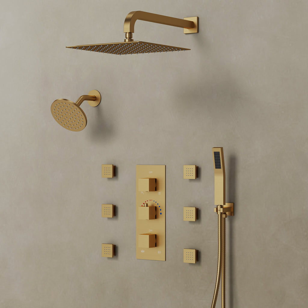 Thermostatic Dual Showerheads System, Wall Mount 12" High-Pressure Rainfall Shower Faucet with Handheld Spray and Body Jet SFS-1017-GD12 - Brushed Gold