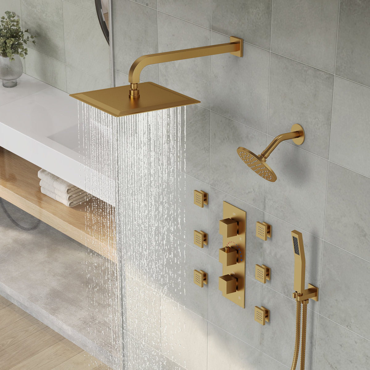 Thermostatic Dual Showerheads System, Wall Mount 12" High-Pressure Rainfall Shower Faucet with Handheld Spray and Body Jet SFS-1017-GD12 - Brushed Gold