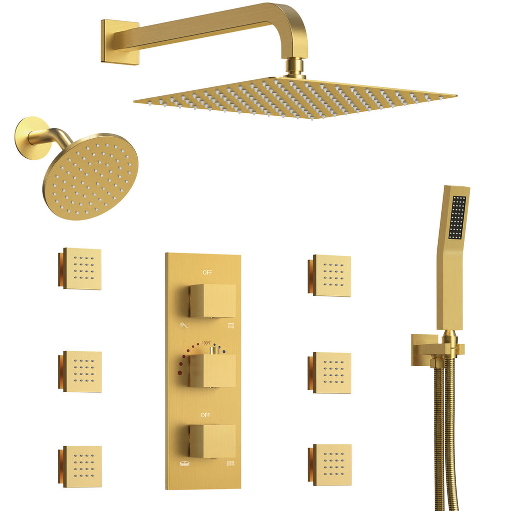 Thermostatic Dual Showerheads System, Wall Mount 12" High-Pressure Rainfall Shower Faucet with Handheld Spray and Body Jet SFS-1017-GD12 - Brushed Gold