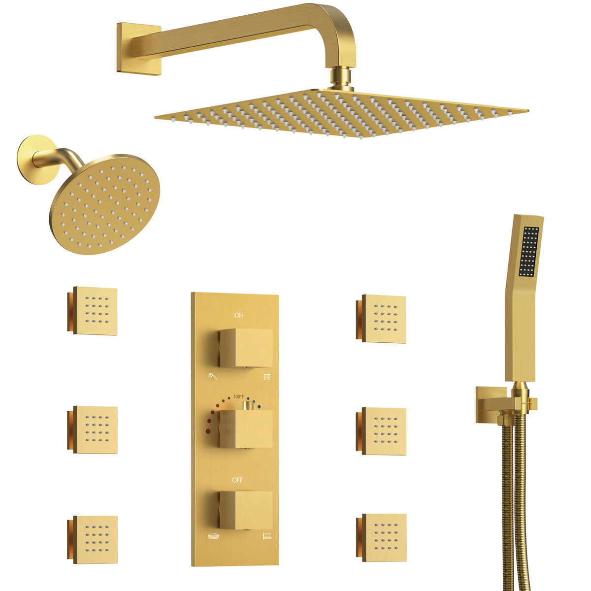 Thermostatic Dual Showerheads System, Wall Mount 12" High-Pressure Rainfall Shower Faucet with Handheld Spray and Body Jet SFS-1017-GD12 - Brushed Gold