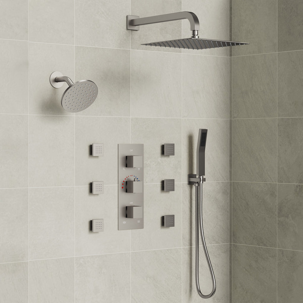 Thermostatic Dual Showerheads System, Wall Mount 12" High-Pressure Rainfall Shower Faucet with Handheld Spray and Body Jet SFS-1017-NK12 - Brushed Nickel