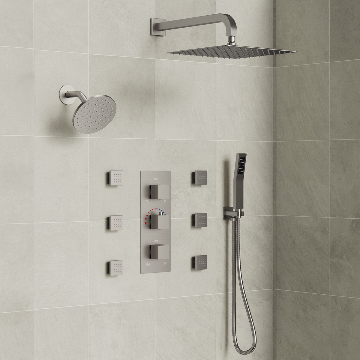Thermostatic Dual Showerheads System, Wall Mount 12" High-Pressure Rainfall Shower Faucet with Handheld Spray and Body Jet SFS-1017-NK12 - Brushed Nickel