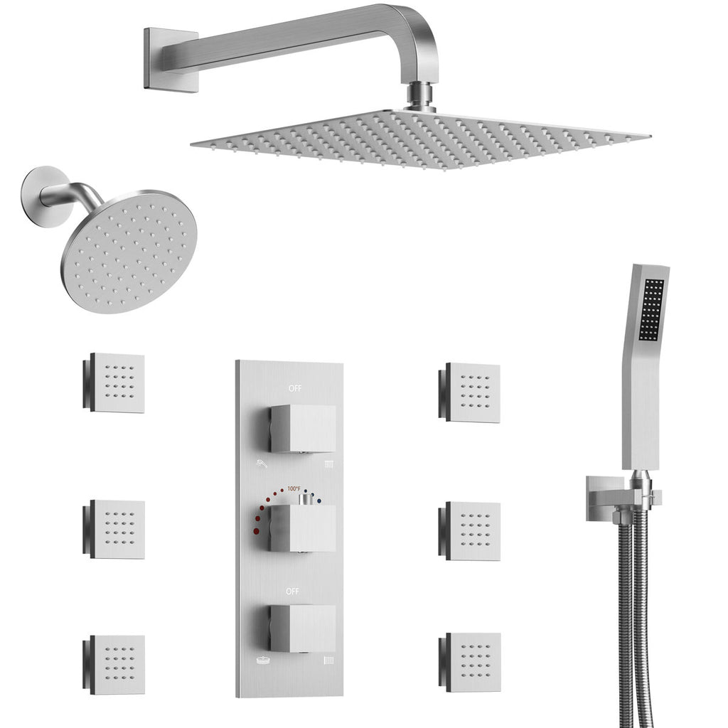 Thermostatic Dual Showerheads System, Wall Mount 12" High-Pressure Rainfall Shower Faucet with Handheld Spray and Body Jet SFS-1017-NK12 - Brushed Nickel