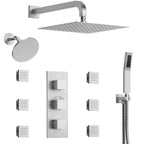 Thermostatic Dual Showerheads System, Wall Mount 12" High-Pressure Rainfall Shower Faucet with Handheld Spray and Body Jet SFS-1017-NK12 - Brushed Nickel
