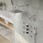 Thermostatic Dual Showerheads System, Wall Mount 12" High-Pressure Rainfall Shower Faucet with Handheld Spray and Body Jet SFS-1017-NK12 - Brushed Nickel