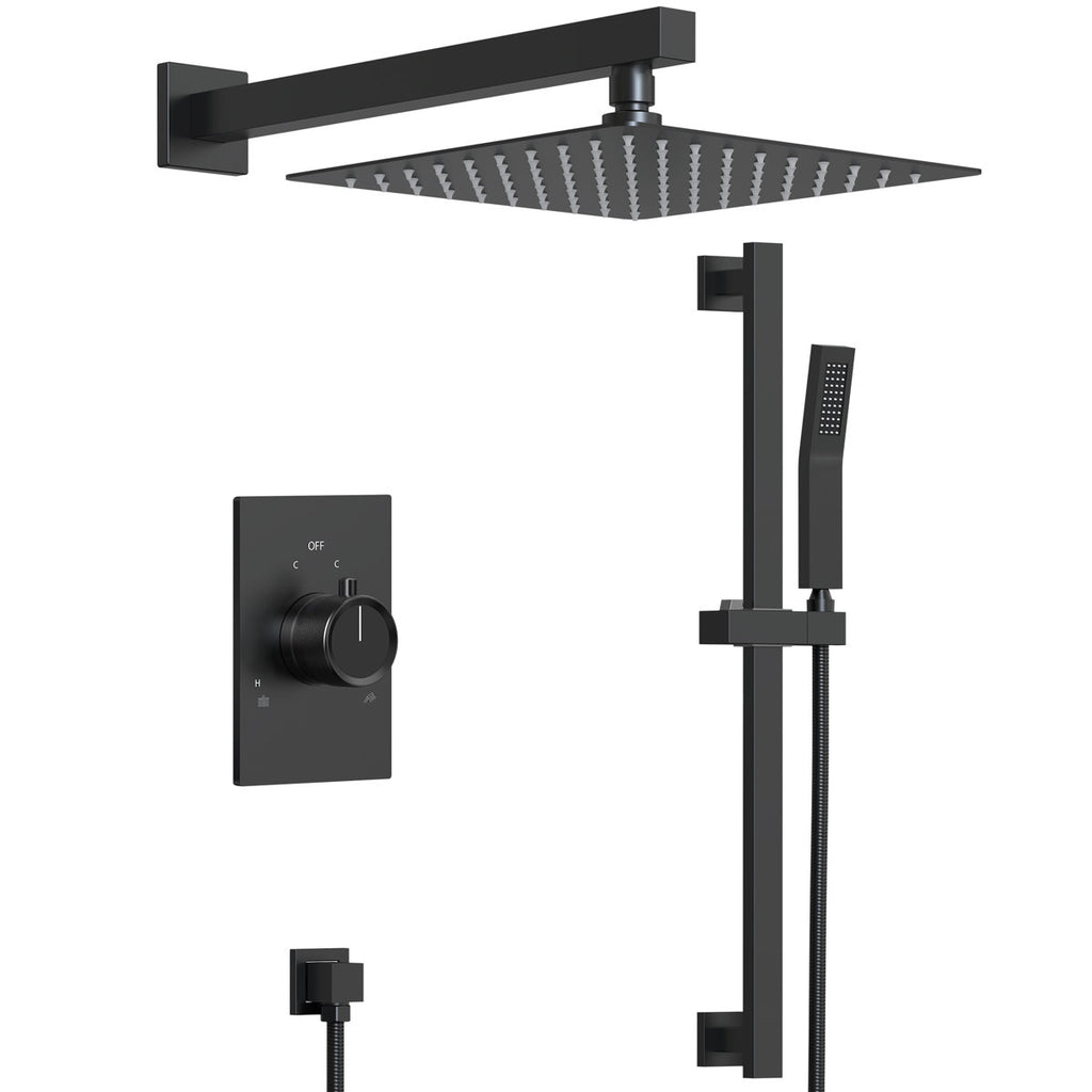 10" Pressure-Balanced Rain Shower System with Adjustable Slide Bar Handheld Shower and Rough-In Valve SFS-1036-BK10 - Matte Black