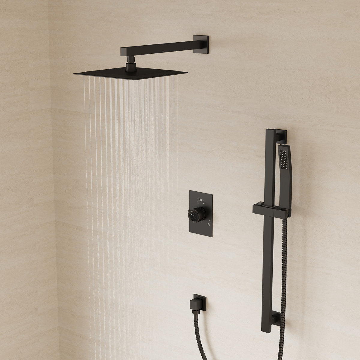 10" Pressure-Balanced Rain Shower System with Adjustable Slide Bar Handheld Shower and Rough-In Valve SFS-1036-BK10 - Matte Black