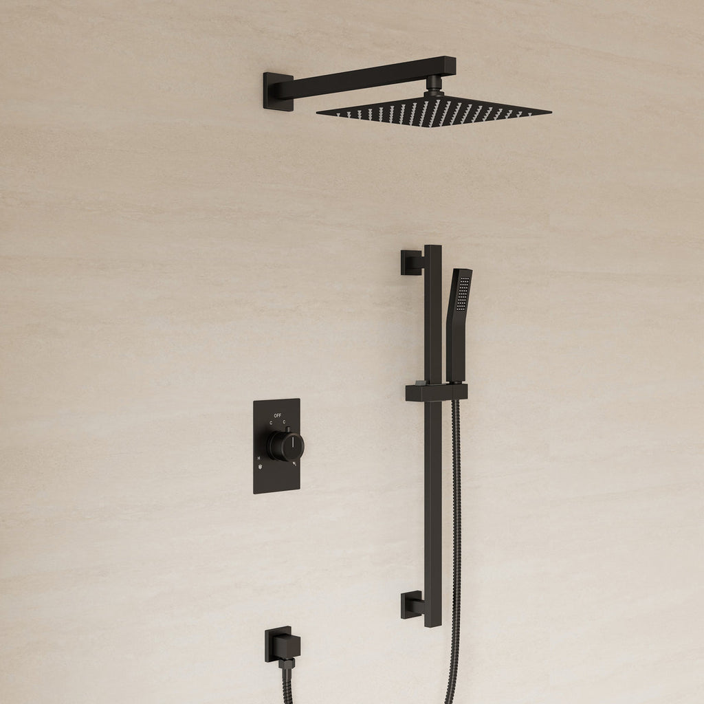 10" Pressure-Balanced Rain Shower System with Adjustable Slide Bar Handheld Shower and Rough-In Valve SFS-1036-BK10 - Matte Black