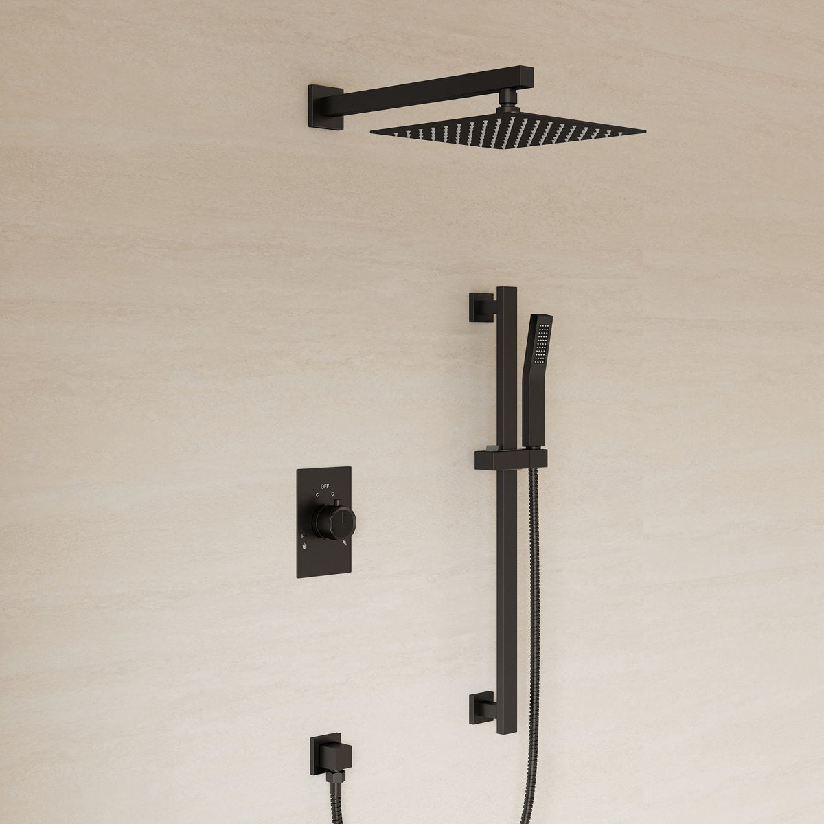 10" Pressure-Balanced Rain Shower System with Adjustable Slide Bar Handheld Shower and Rough-In Valve SFS-1036-BK10 - Matte Black