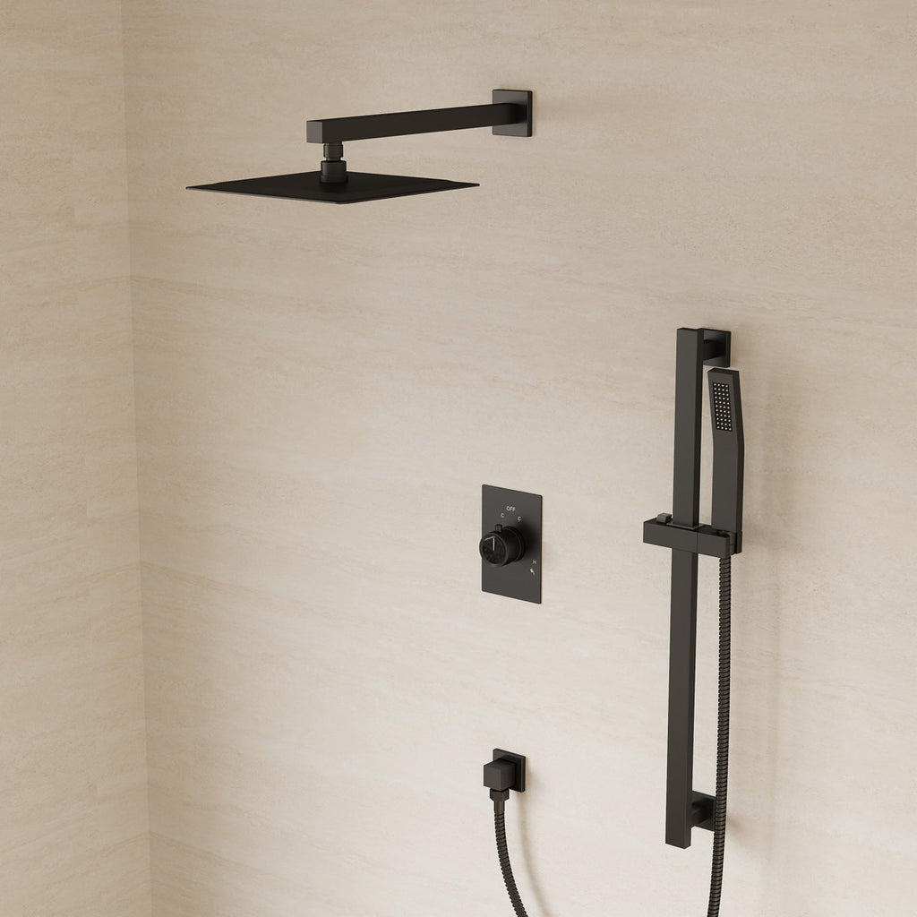10" Pressure-Balanced Rain Shower System with Adjustable Slide Bar Handheld Shower and Rough-In Valve SFS-1036-BK10 - Matte Black