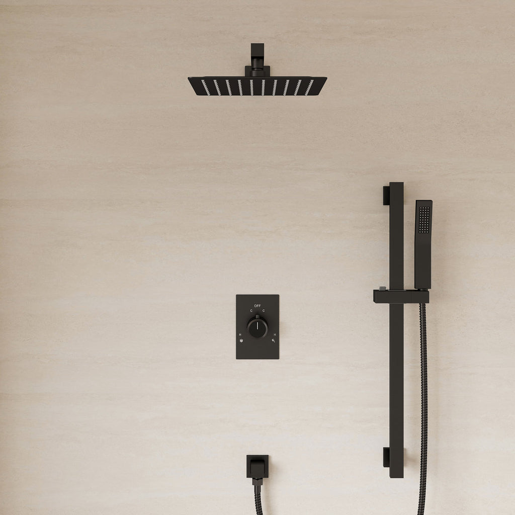 10" Pressure-Balanced Rain Shower System with Adjustable Slide Bar Handheld Shower and Rough-In Valve SFS-1036-BK10 - Matte Black