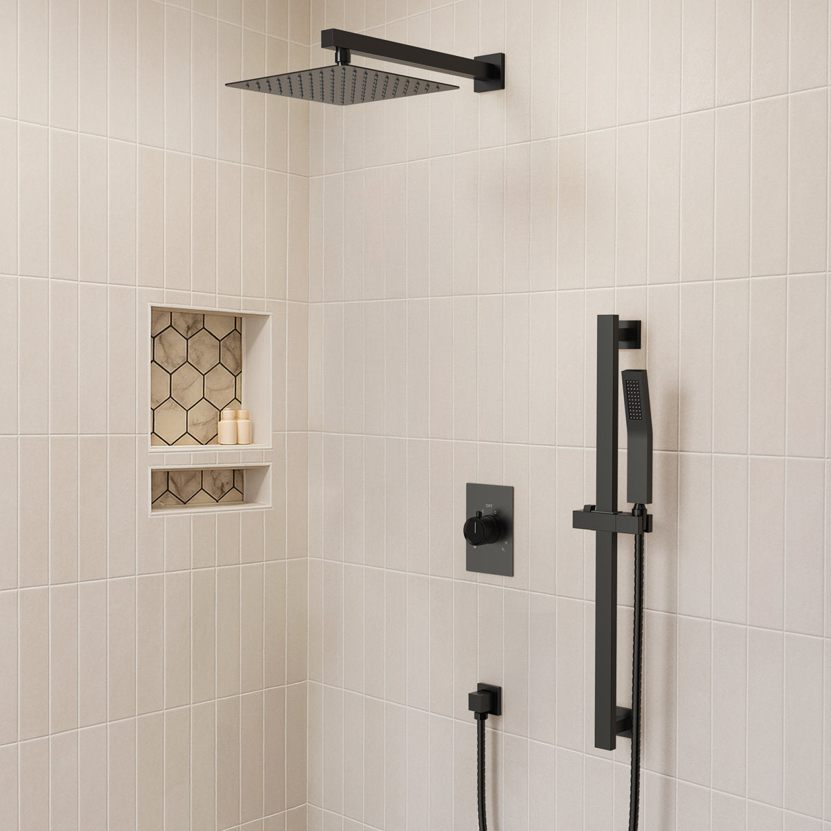 10" Pressure-Balanced Rain Shower System with Adjustable Slide Bar Handheld Shower and Rough-In Valve SFS-1036-BK10 - Matte Black