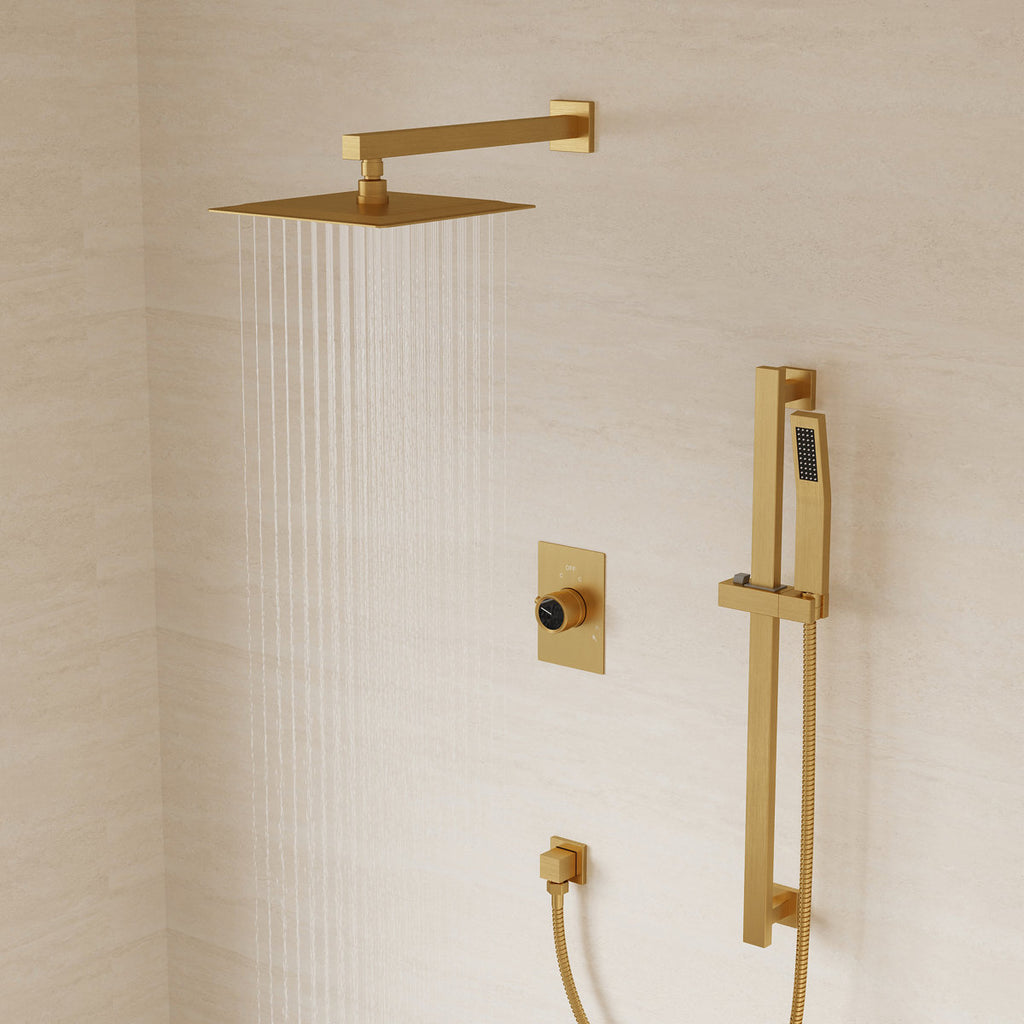 10" Pressure-Balanced Rain Shower System with Adjustable Slide Bar Handheld Shower and Rough-In Valve SFS-1036-GD10 - Brushed Gold