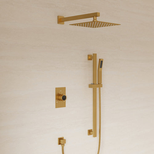 10" Pressure-Balanced Rain Shower System with Adjustable Slide Bar Handheld Shower and Rough-In Valve SFS-1036-GD10 - Brushed Gold