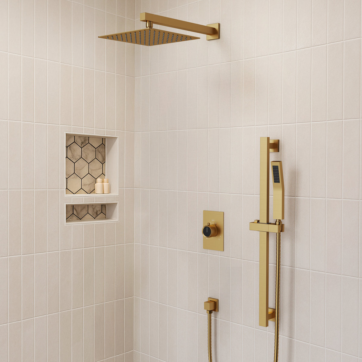 10" Pressure-Balanced Rain Shower System with Adjustable Slide Bar Handheld Shower and Rough-In Valve SFS-1036-GD10 - Brushed Gold