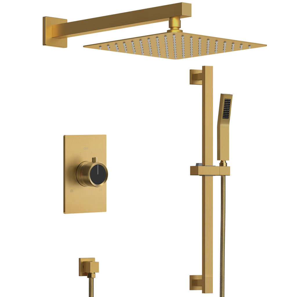 10" Pressure-Balanced Rain Shower System with Adjustable Slide Bar Handheld Shower and Rough-In Valve SFS-1036-GD10 - Brushed Gold