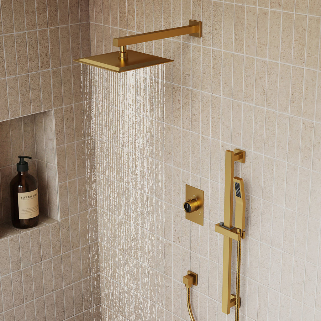 10" Pressure-Balanced Rain Shower System with Adjustable Slide Bar Handheld Shower and Rough-In Valve SFS-1036-GD10 - Brushed Gold