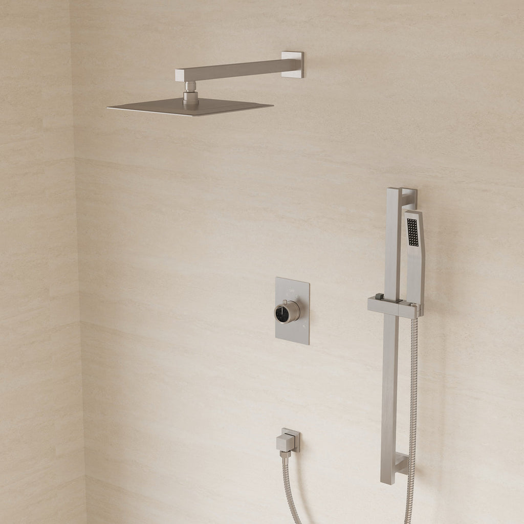 10" Pressure-Balanced Rain Shower System with Adjustable Slide Bar Handheld Shower and Rough-In Valve SFS-1036-NK10 - Brushed Nickel