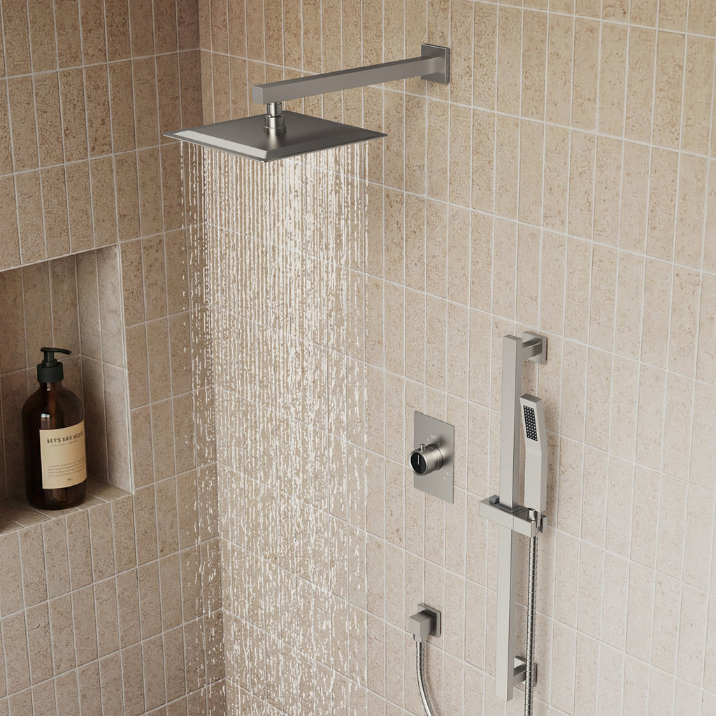 10" Pressure-Balanced Rain Shower System with Adjustable Slide Bar Handheld Shower and Rough-In Valve SFS-1036-NK10 - Brushed Nickel