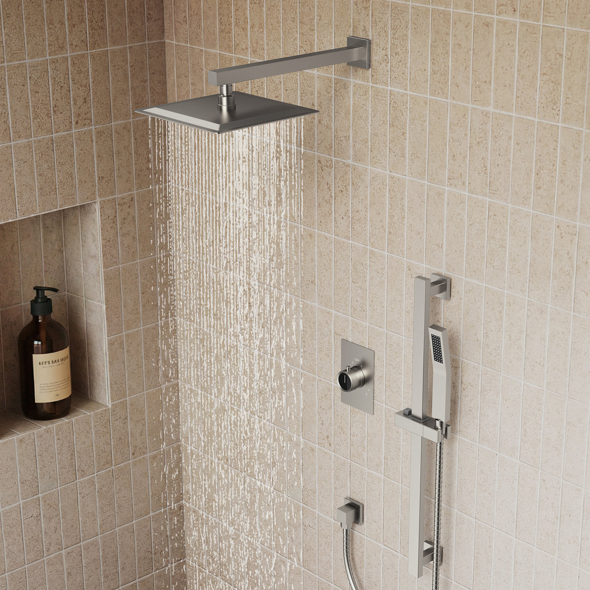 10" Pressure-Balanced Rain Shower System with Adjustable Slide Bar Handheld Shower and Rough-In Valve SFS-1036-NK10 - Brushed Nickel