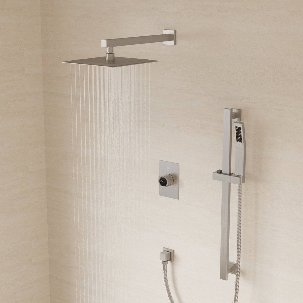 10" Pressure-Balanced Rain Shower System with Adjustable Slide Bar Handheld Shower and Rough-In Valve SFS-1036-NK10 - Brushed Nickel