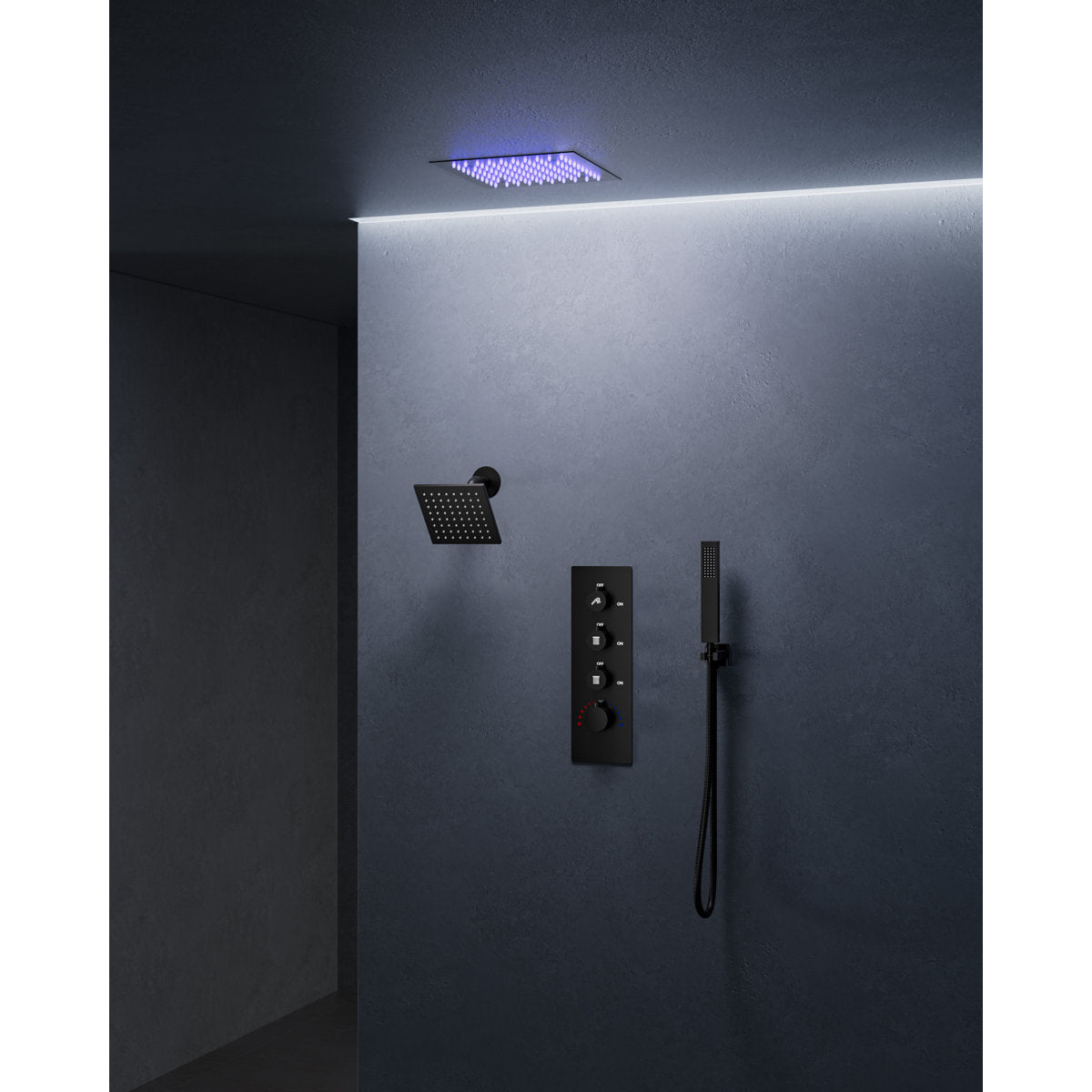 Thermostatic Dual Showerheads System, Ceiling Mount 12" LED Rainfall Shower Faucet with 6" Shower Head, Handheld Spray SFS-1034-BK12 - Matte Black