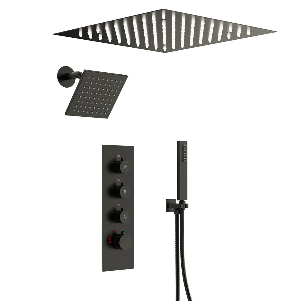 Thermostatic Dual Showerheads System, Ceiling Mount 12" LED Rainfall Shower Faucet with 6" Shower Head, Handheld Spray SFS-1034-BK12 - Matte Black