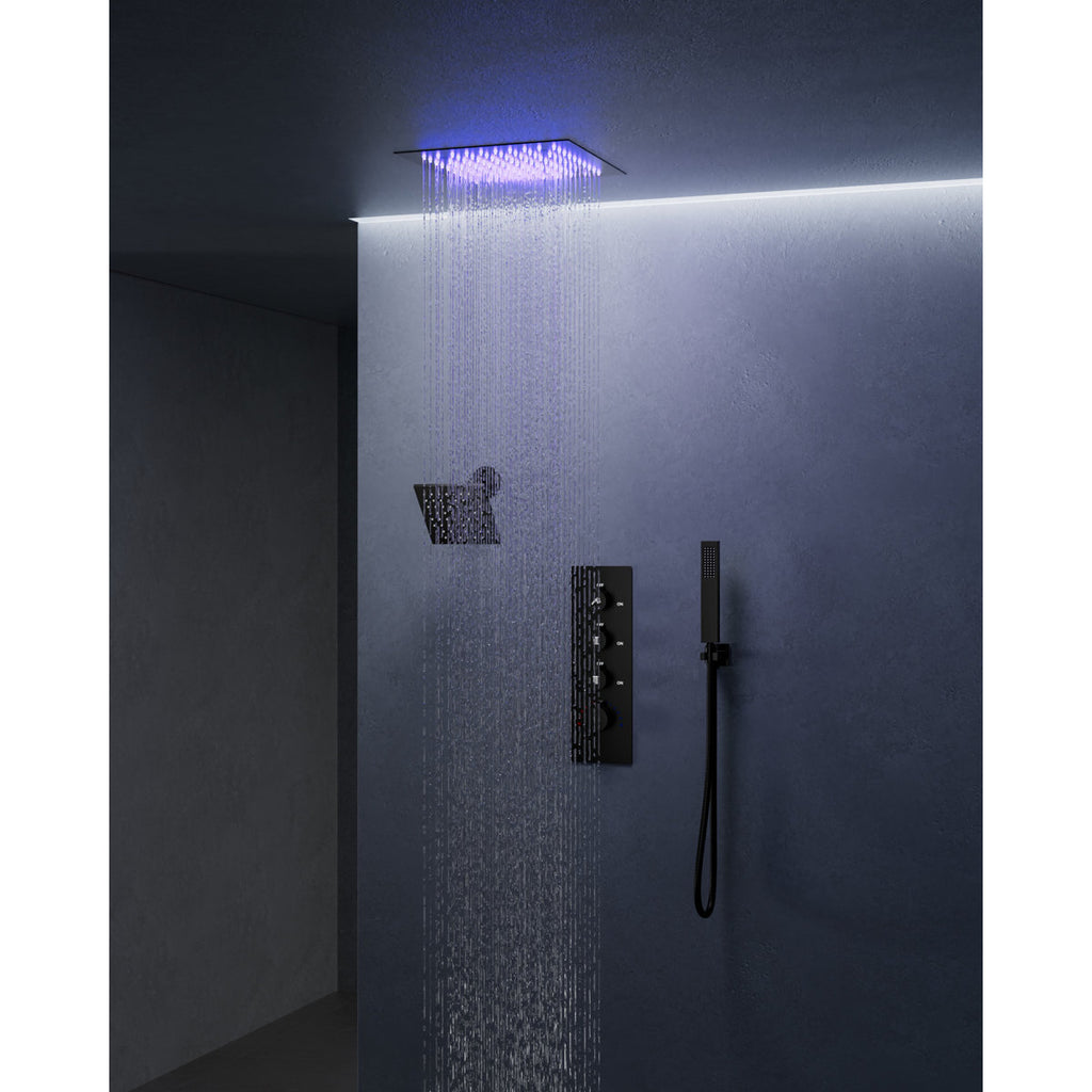 Thermostatic Dual Showerheads System, Ceiling Mount 12" LED Rainfall Shower Faucet with 6" Shower Head, Handheld Spray SFS-1034-BK12 - Matte Black