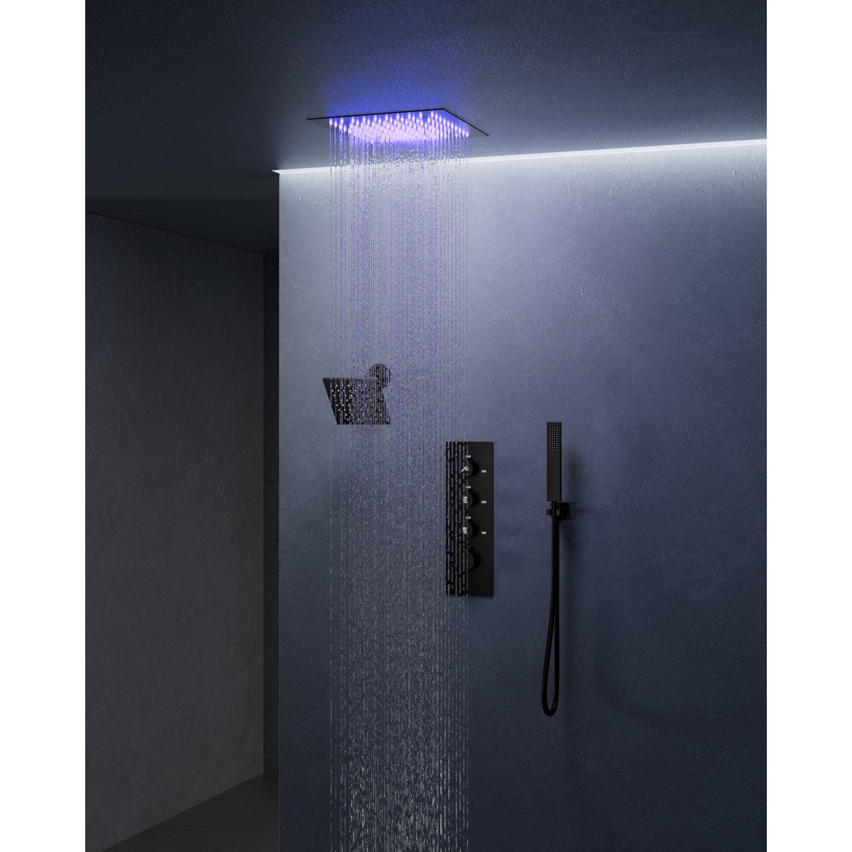 Thermostatic Dual Showerheads System, Ceiling Mount 12" LED Rainfall Shower Faucet with 6" Shower Head, Handheld Spray SFS-1034-BK12 - Matte Black