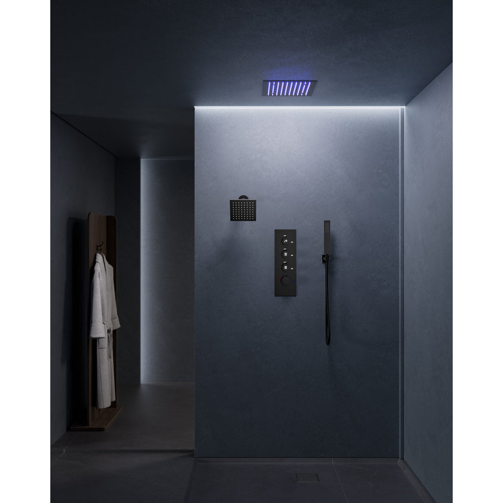 Thermostatic Dual Showerheads System, Ceiling Mount 12" LED Rainfall Shower Faucet with 6" Shower Head, Handheld Spray SFS-1034-BK12 - Matte Black