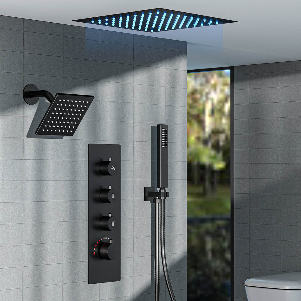 Thermostatic Dual Showerheads System, Ceiling Mount 12" LED Rainfall Shower Faucet with 6" Shower Head, Handheld Spray SFS-1034-BK12 - Matte Black