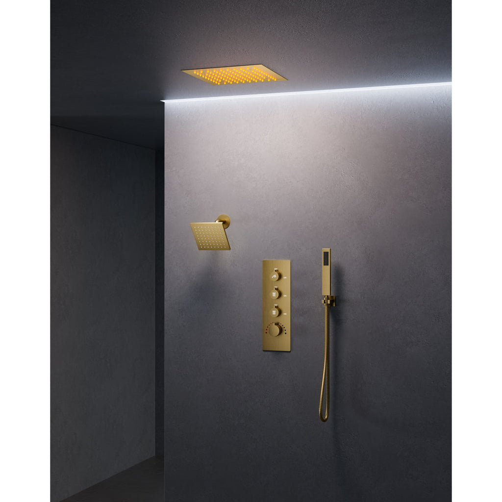 Thermostatic Dual Showerheads System, Ceiling Mount 12" LED Rainfall Shower Faucet with 6" Shower Head, Handheld Spray SFS-1034-GD12 - Brushed Gold