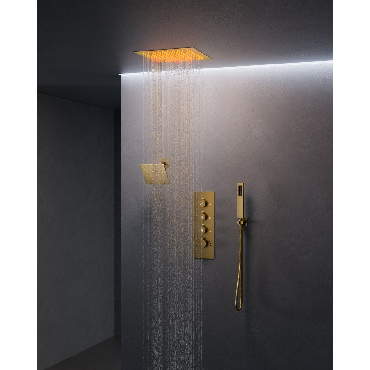 Thermostatic Dual Showerheads System, Ceiling Mount 12" LED Rainfall Shower Faucet with 6" Shower Head, Handheld Spray SFS-1034-GD12 - Brushed Gold