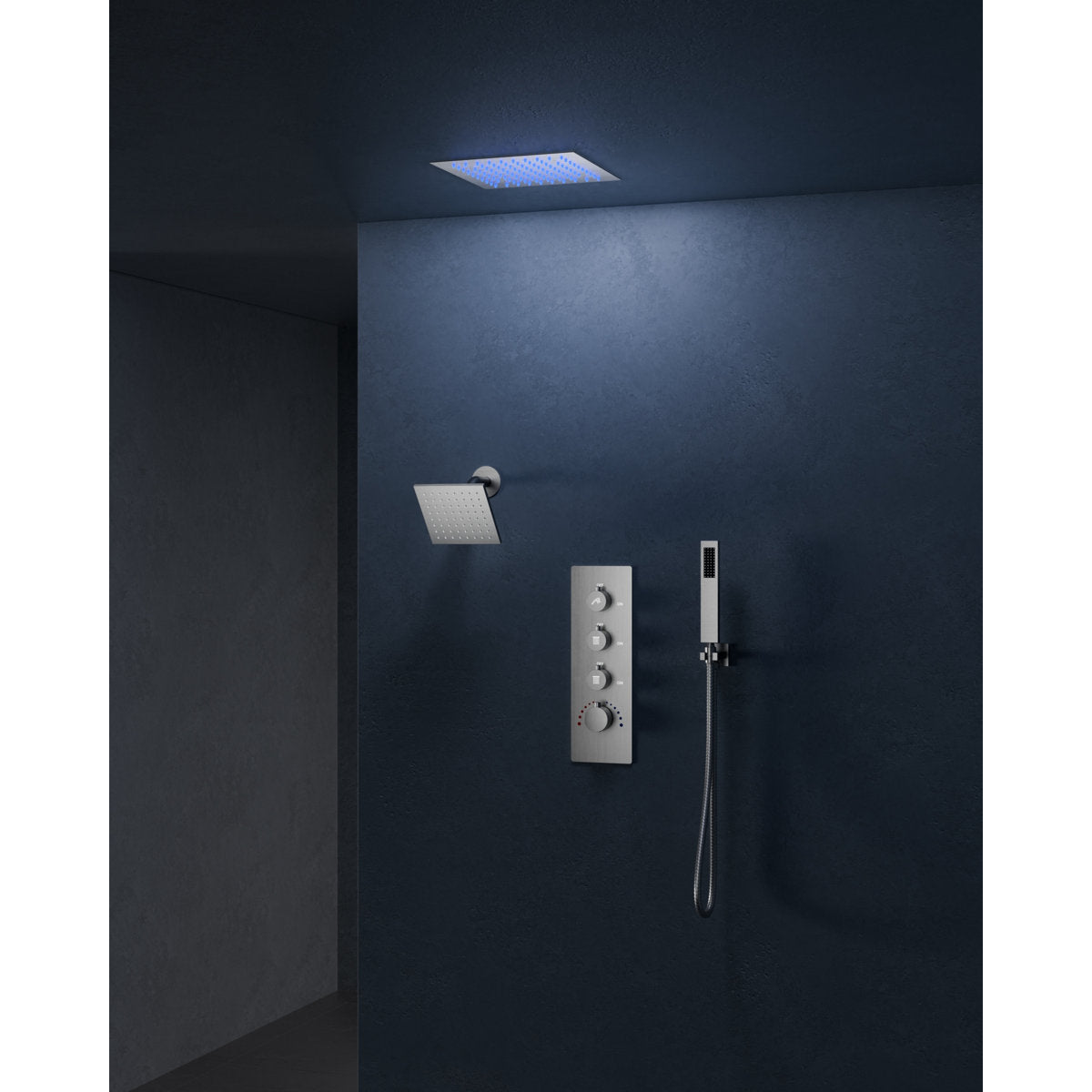 Thermostatic Dual Showerheads System, Ceiling Mount 12" LED Rainfall Shower Faucet with 6" Shower Head, Handheld Spray SFS-1034-NK12 - Brushed Nickel
