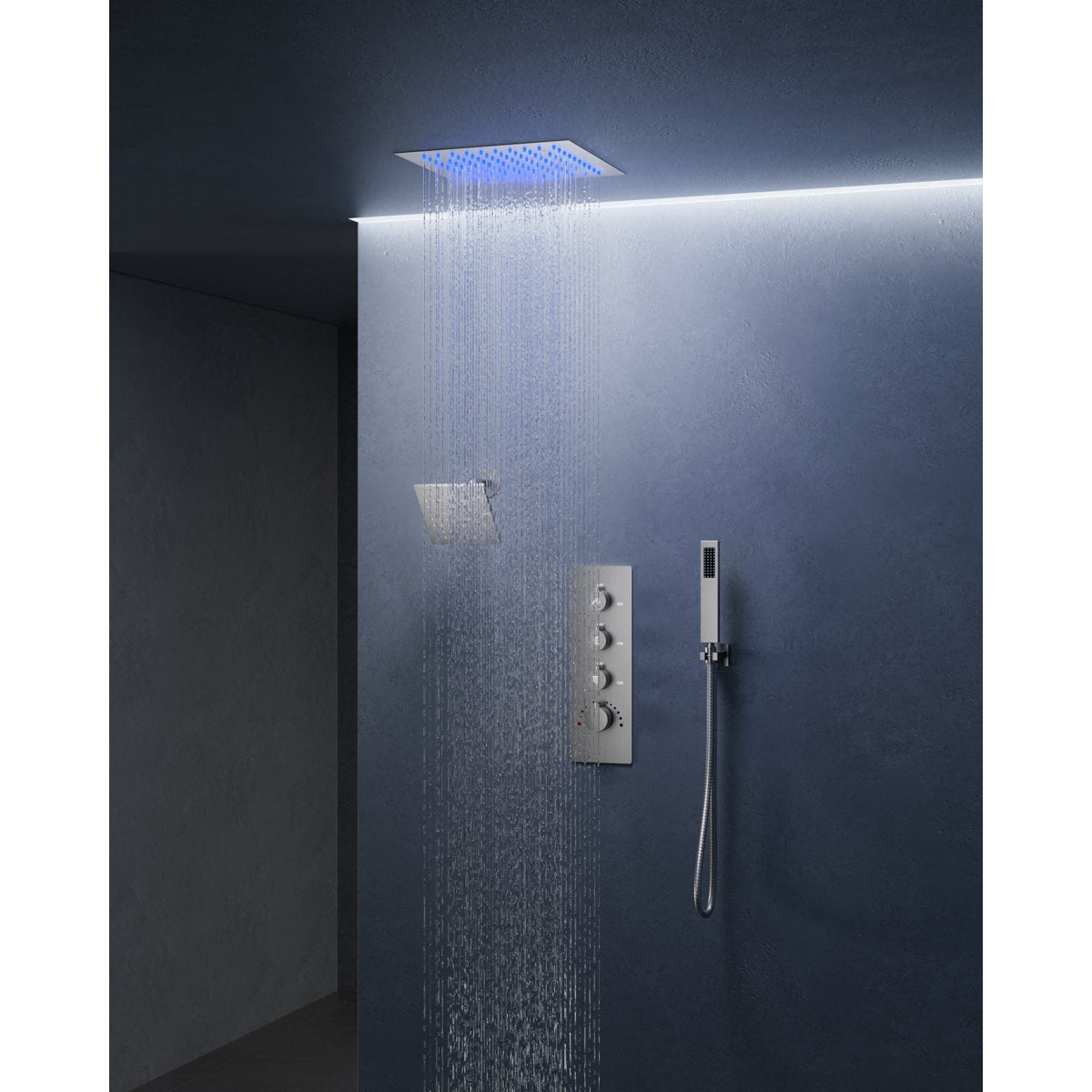 Thermostatic Dual Showerheads System, Ceiling Mount 12" LED Rainfall Shower Faucet with 6" Shower Head, Handheld Spray SFS-1034-NK12 - Brushed Nickel