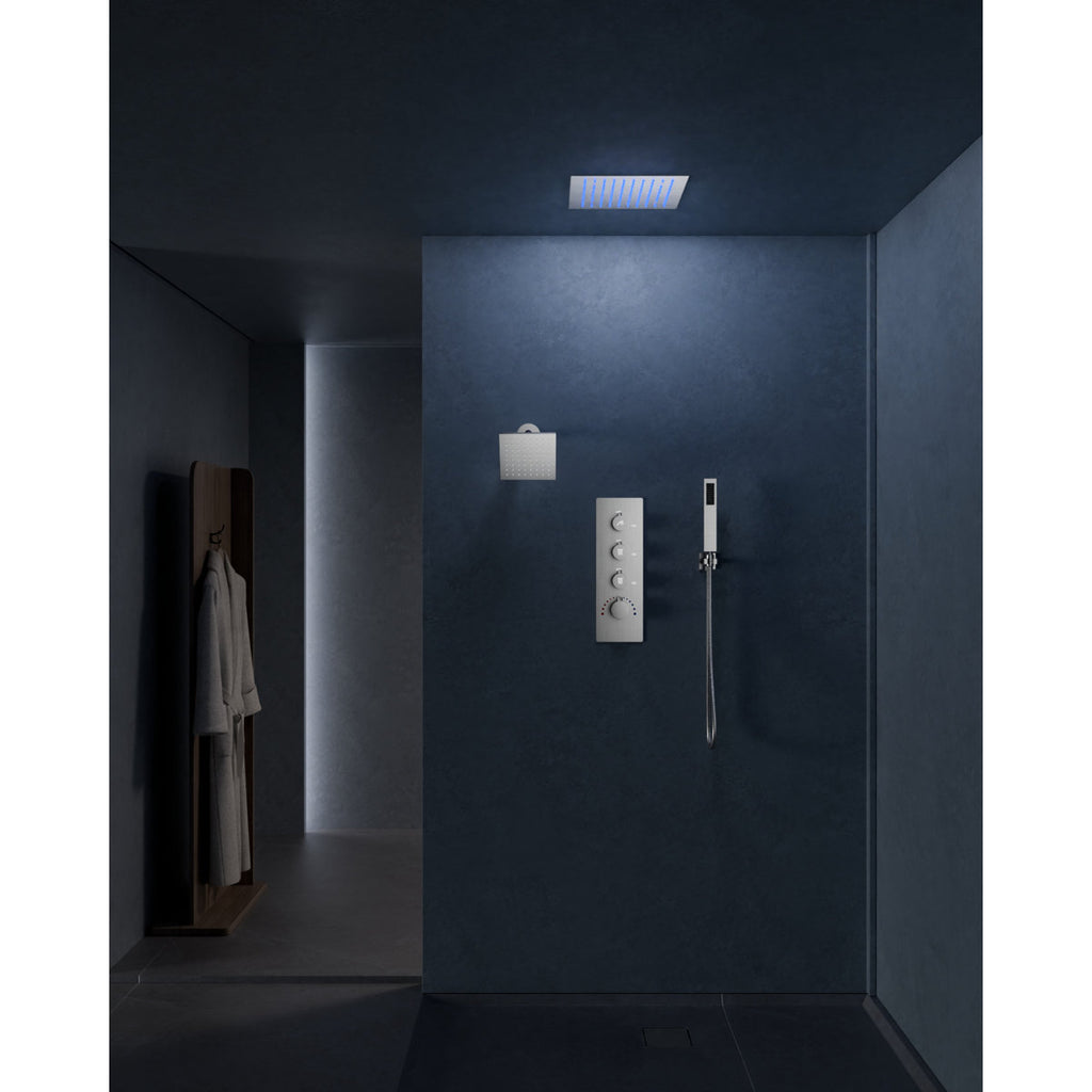 Thermostatic Dual Showerheads System, Ceiling Mount 12" LED Rainfall Shower Faucet with 6" Shower Head, Handheld Spray SFS-1034-NK12 - Brushed Nickel