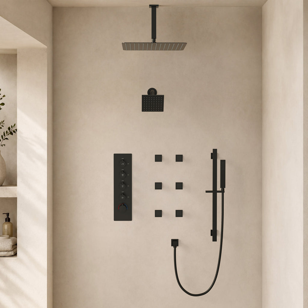 Ceiling Mount 16" High-Pressure Rainfall Shower Faucet, Dual Rainfall Shower Head System with Thermostatic Valve SFS-1031-BK16 - Matte Black