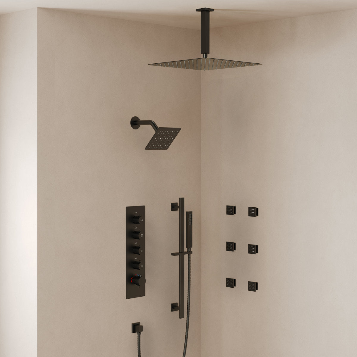 Ceiling Mount 16" High-Pressure Rainfall Shower Faucet, Dual Rainfall Shower Head System with Thermostatic Valve SFS-1031-BK16 - Matte Black