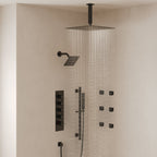Ceiling Mount 16" High-Pressure Rainfall Shower Faucet, Dual Rainfall Shower Head System with Thermostatic Valve SFS-1031-BK16 - Matte Black