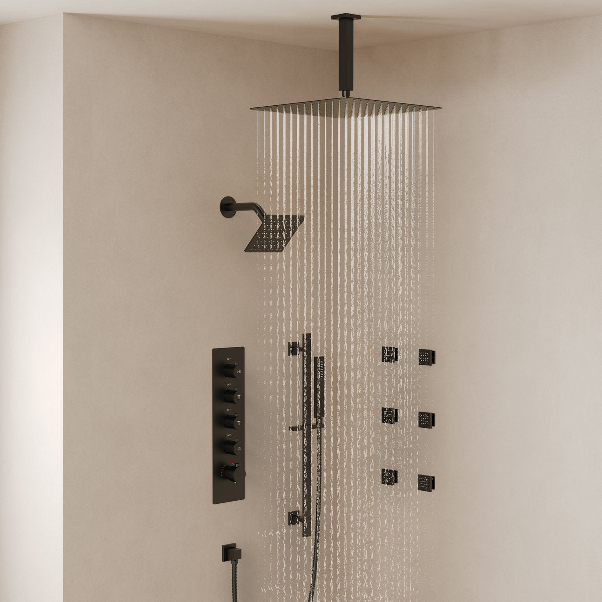 Ceiling Mount 16" High-Pressure Rainfall Shower Faucet, Dual Rainfall Shower Head System with Thermostatic Valve SFS-1031-BK16 - Matte Black