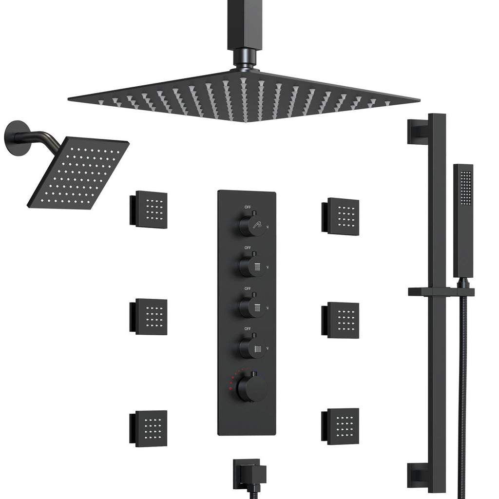 Ceiling Mount 16" High-Pressure Rainfall Shower Faucet, Dual Rainfall Shower Head System with Thermostatic Valve SFS-1031-BK16 - Matte Black