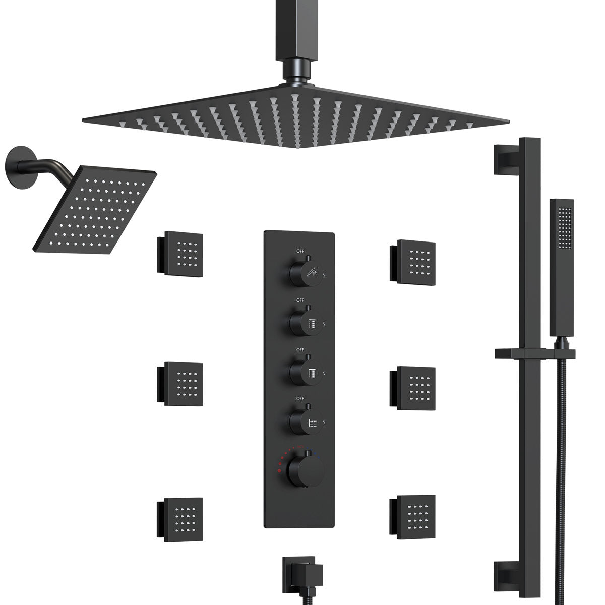 Ceiling Mount 16" High-Pressure Rainfall Shower Faucet, Dual Rainfall Shower Head System with Thermostatic Valve SFS-1031-BK16 - Matte Black