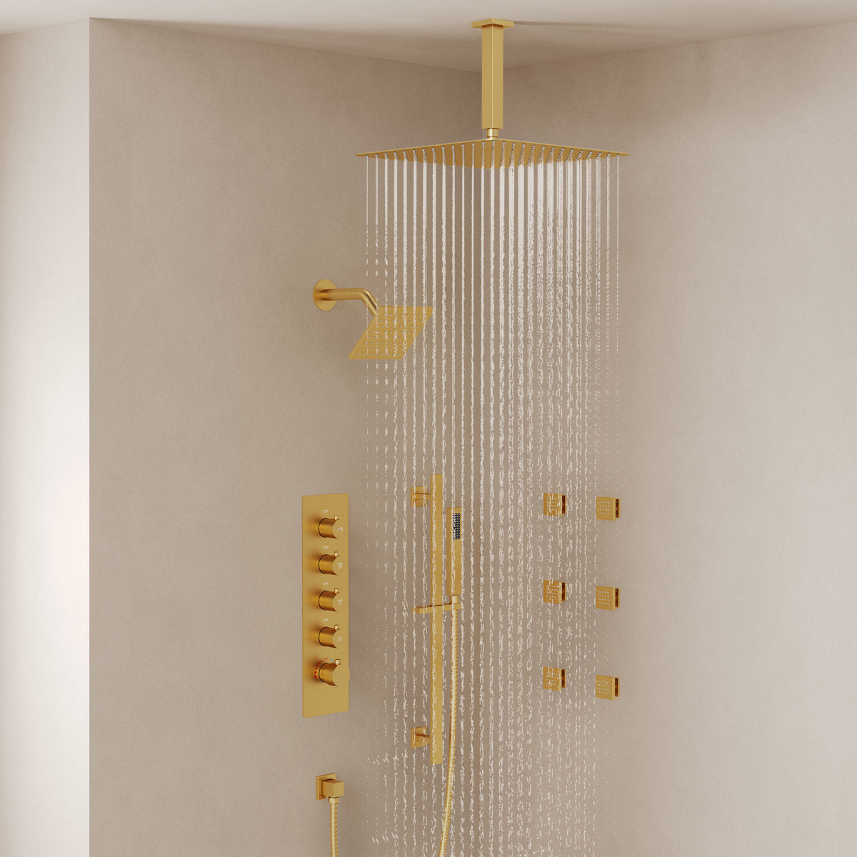 Ceiling Mount 16" High-Pressure Rainfall Shower Faucet, Dual Rainfall Shower Head System with Thermostatic Valve SFS-1031-GD16 - Brushed Glod