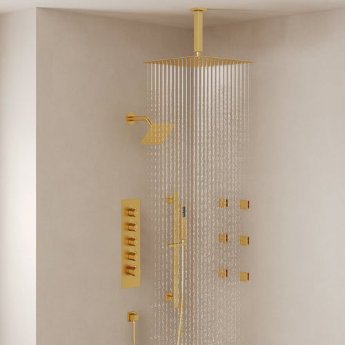 Ceiling Mount 16" High-Pressure Rainfall Shower Faucet, Dual Rainfall Shower Head System with Thermostatic Valve SFS-1031-GD16 - Brushed Glod
