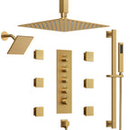 Ceiling Mount 16" High-Pressure Rainfall Shower Faucet, Dual Rainfall Shower Head System with Thermostatic Valve SFS-1031-GD16 - Brushed Glod